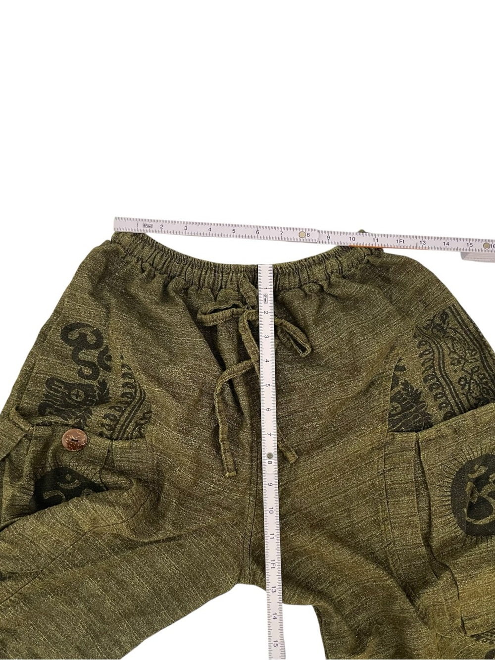 D&T Nepal Harem Pants Olive Green Om Print Cargo Yoga Boho Unisex Cotton M - Picture 5 of 9